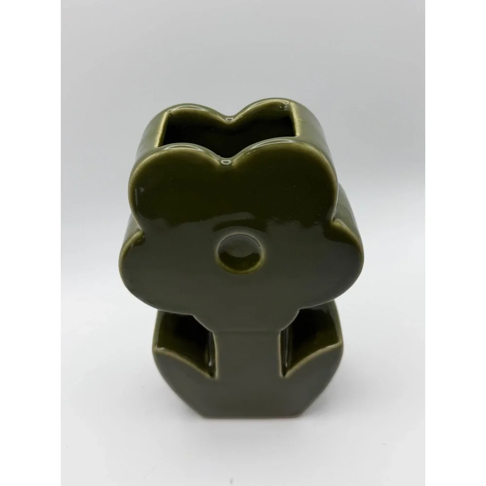 Olive Green Flower‎ Shaped Ceramic Vase MCM Style Decor 6.25